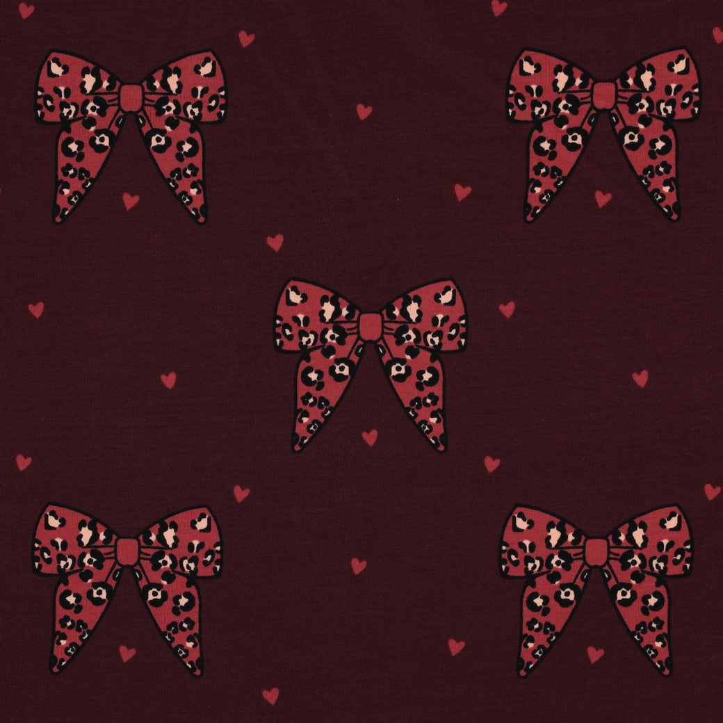 Cotton loopback knit bows on burgundy