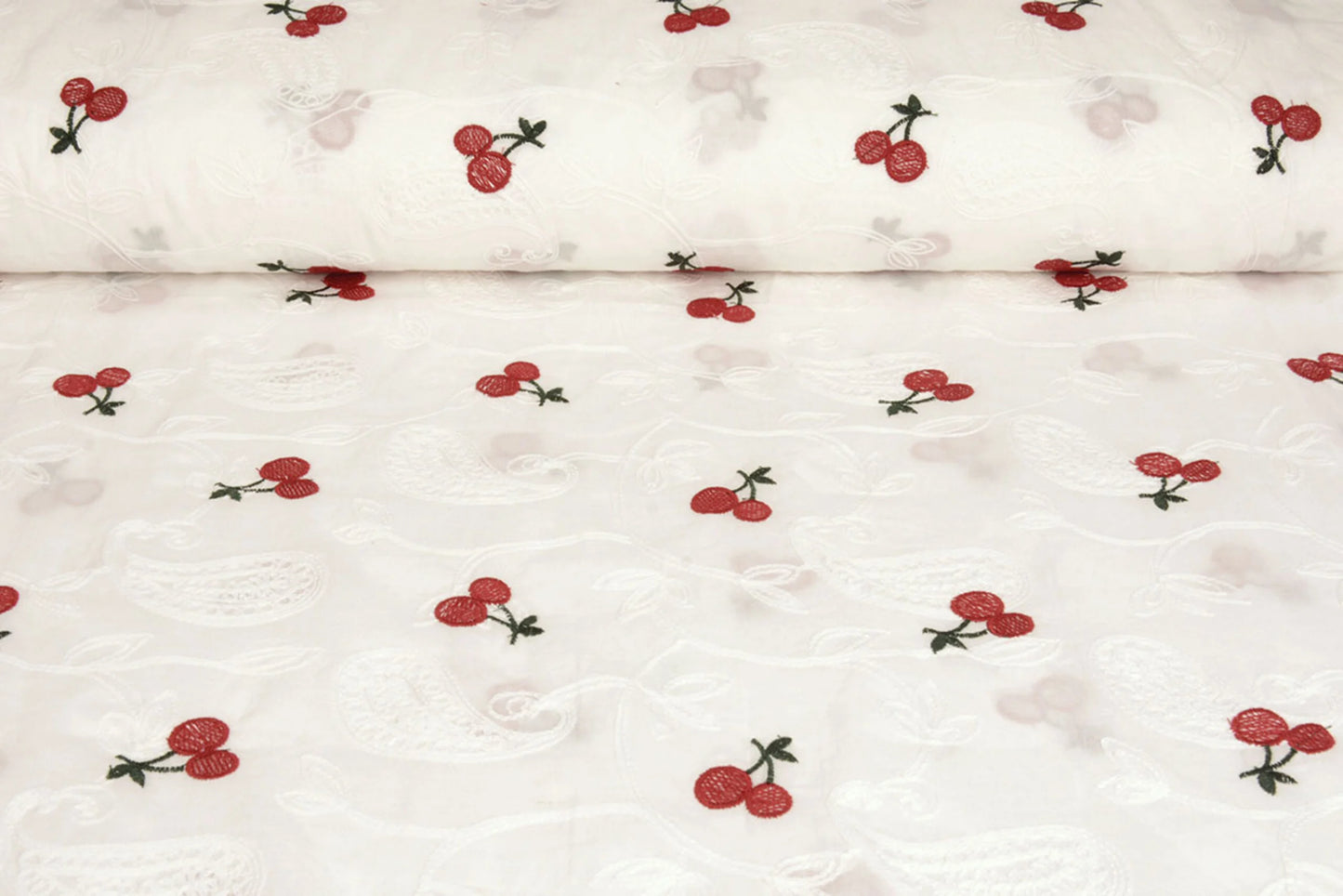 Embroidered cotton fabric - cherries 110 g/m²