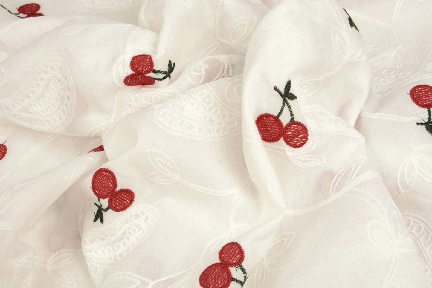 Embroidered cotton fabric - cherries 110 g/m²