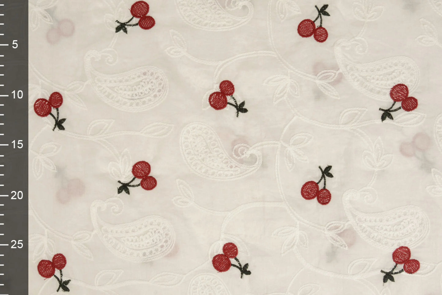 Embroidered cotton fabric - cherries 110 g/m²
