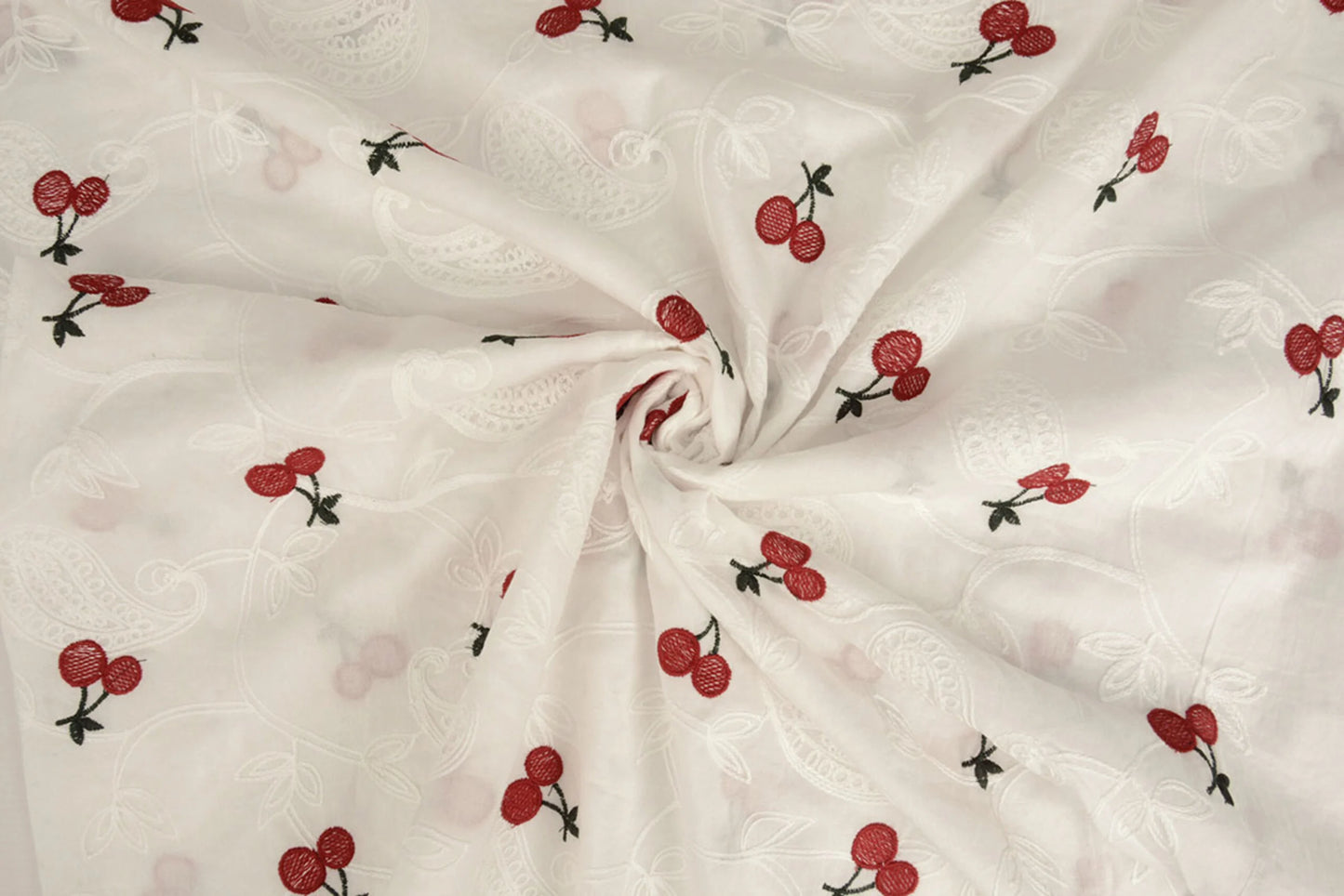 Embroidered cotton fabric - cherries 110 g/m²