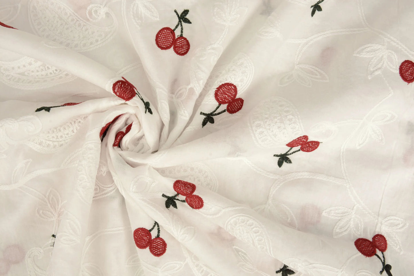 Embroidered cotton fabric - cherries 110 g/m²