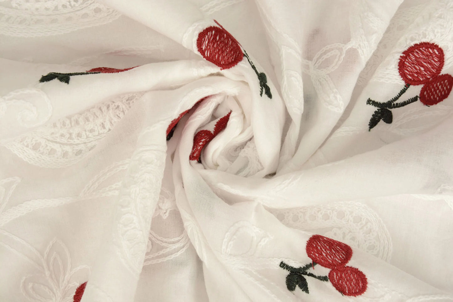 Embroidered cotton fabric - cherries 110 g/m²