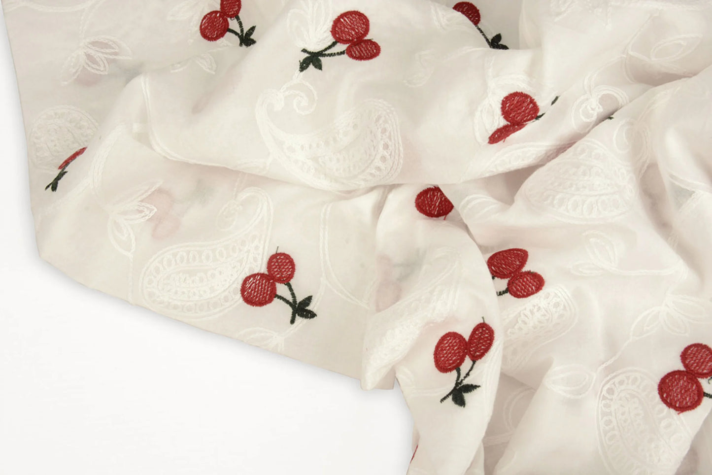 Embroidered cotton fabric - cherries 110 g/m²