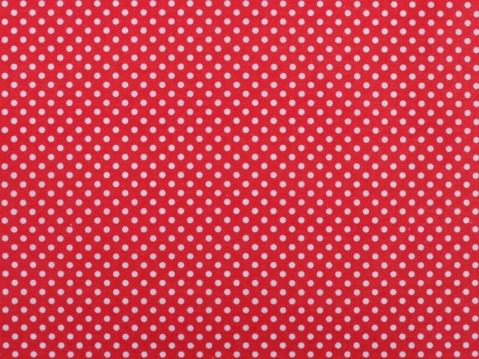 100% Kokvilnas audums - baltas pumpiņas uz sarkana fona (3 mm) 115 g/m²