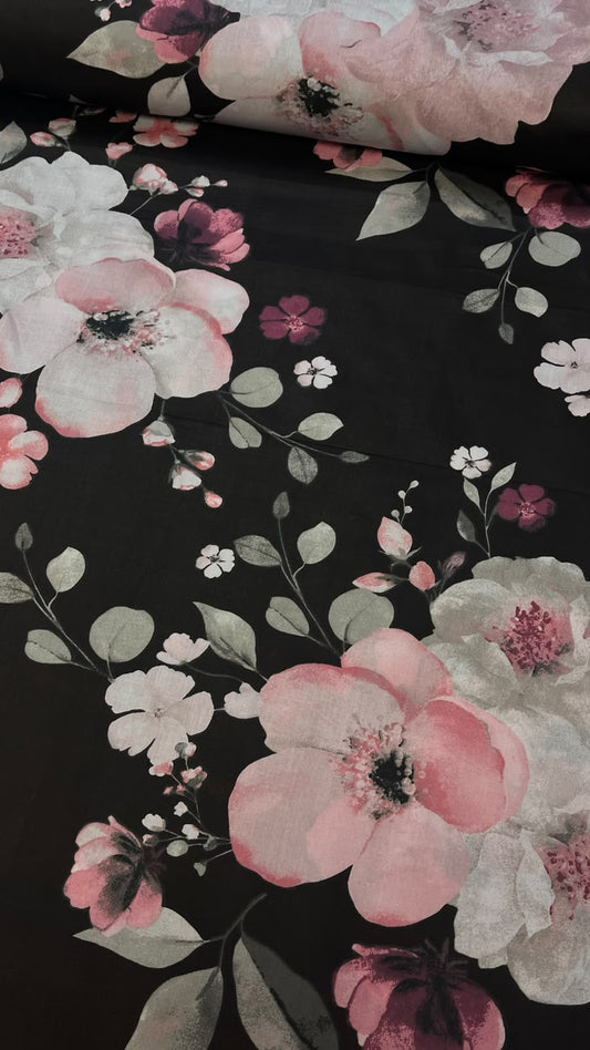 Image of 100% cotton fabric with cherry blossoms on black – available online at Šarlotes audumi