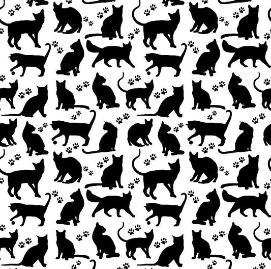 100% Cotton fabric - black cats on a white background 125 g/m²