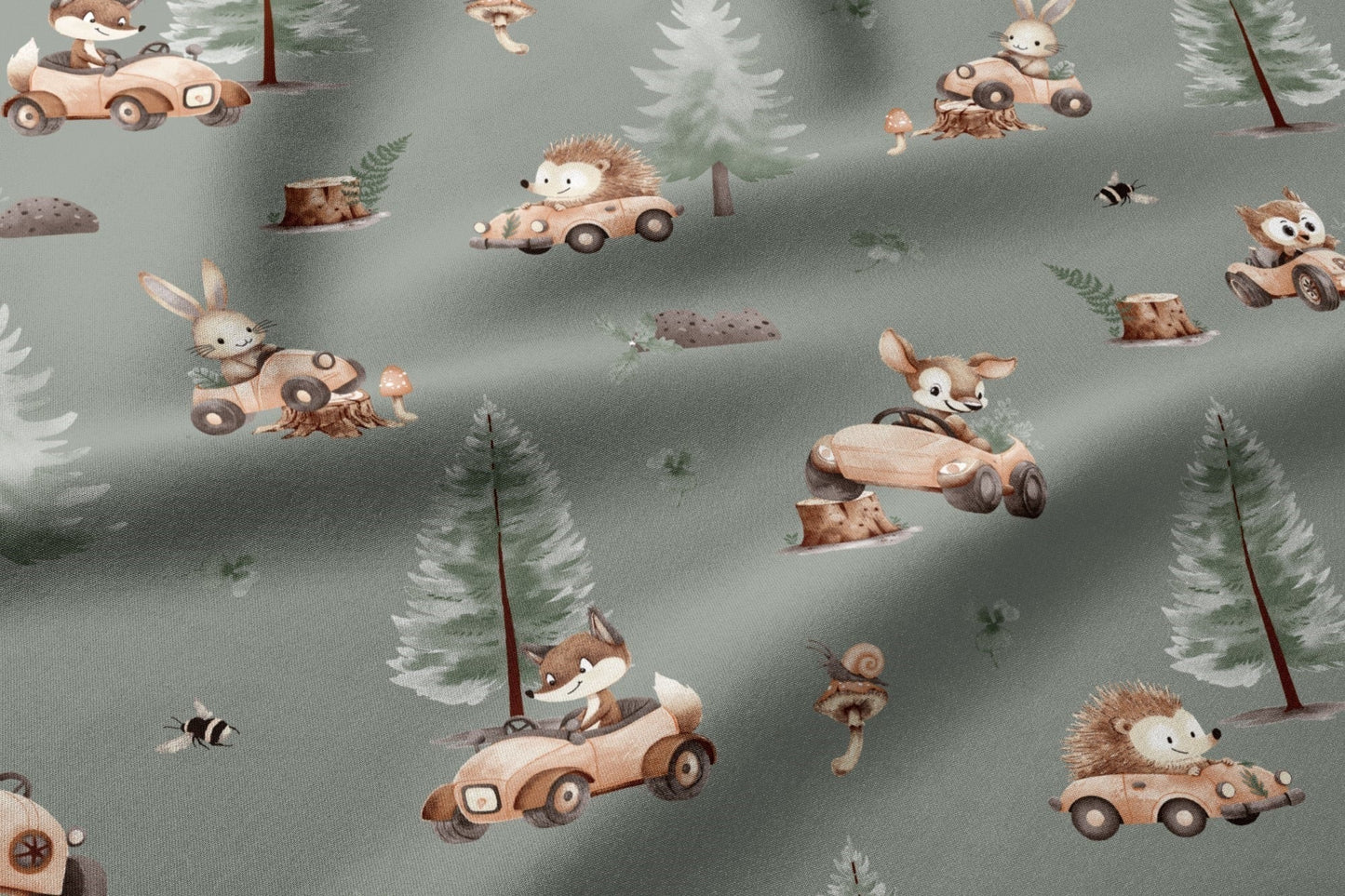 Image of 100% cotton fabric - forest animals in cars 125 g/m – available at Charlotte's Fabrics