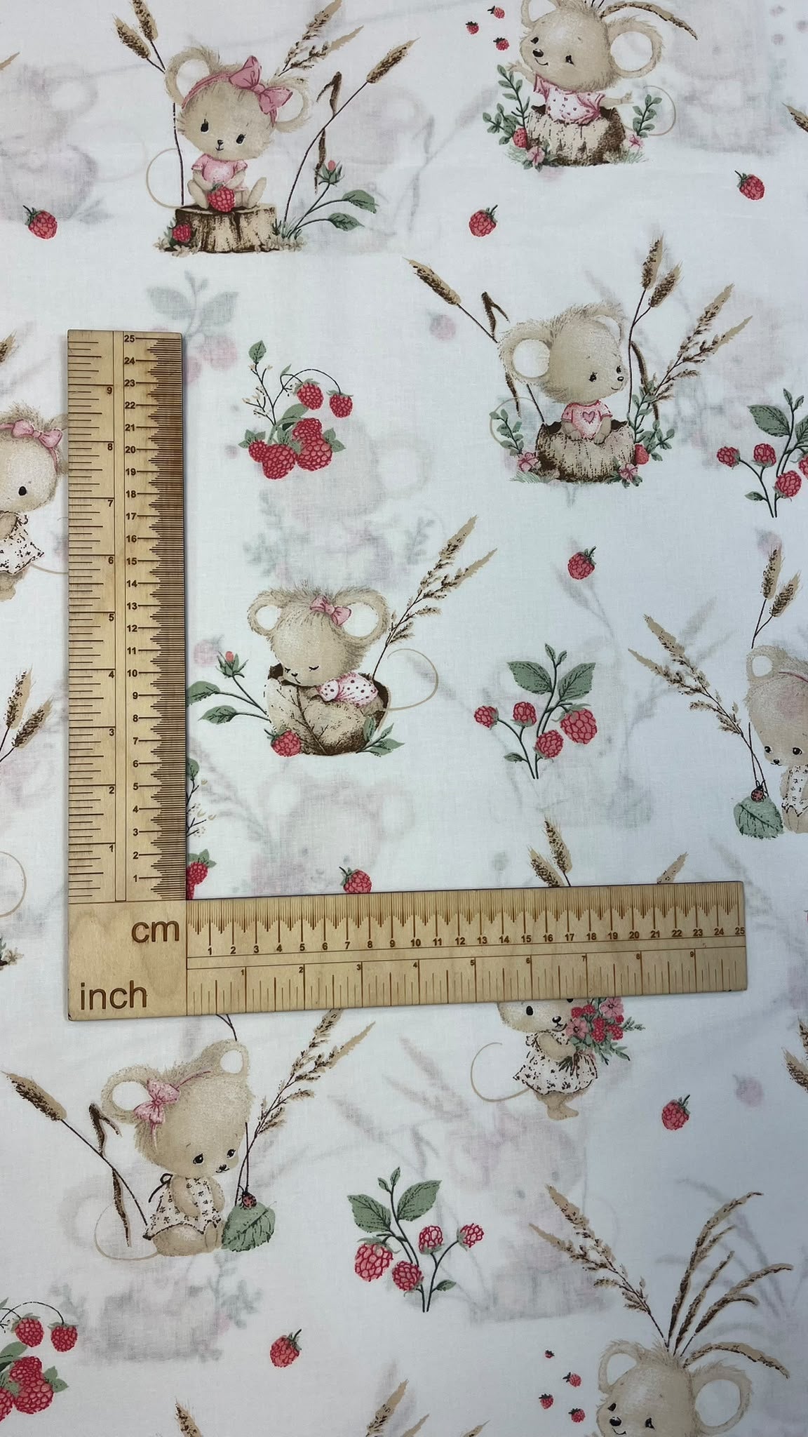 Image of 100% cotton fabric—mice with wild strawberries, available online at Šarlotes audumi