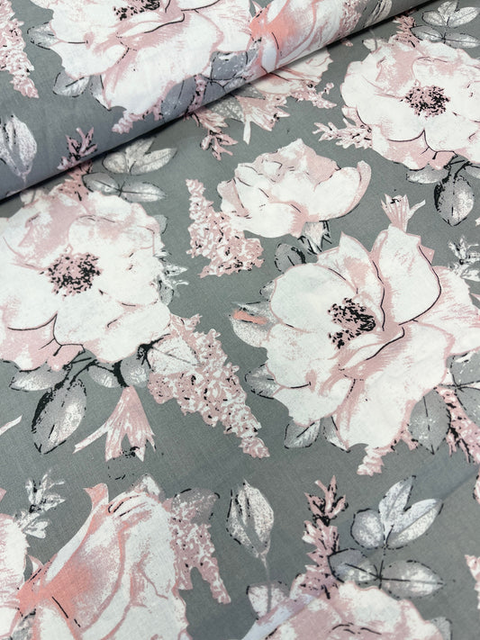100% Cotton fabric - peonies on a gray background 125 g/m²