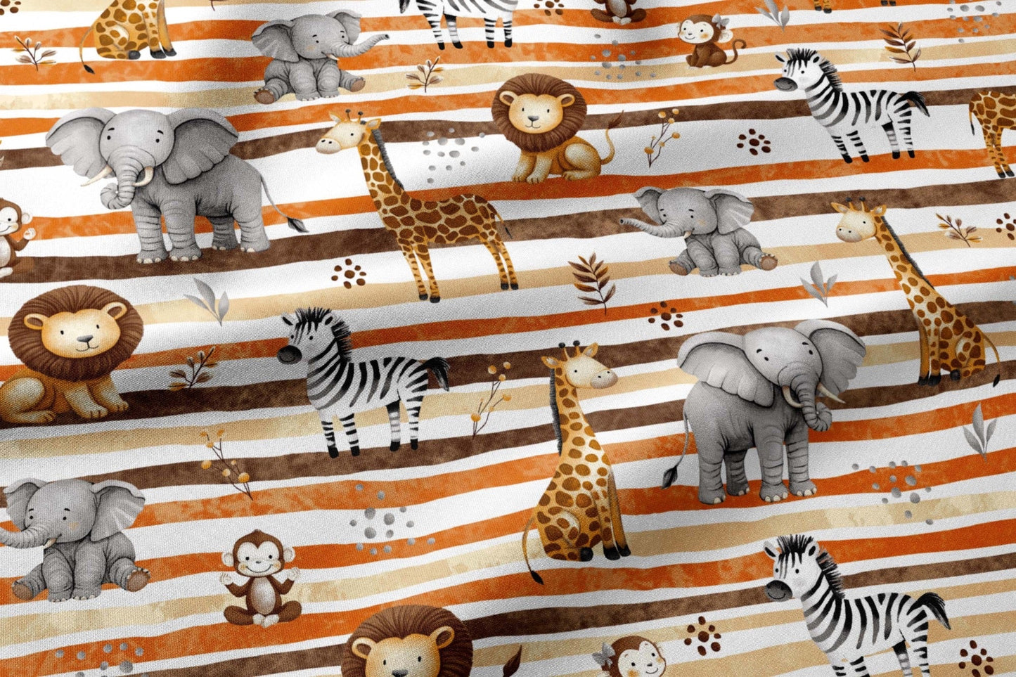 Tissu 100 % coton - animaux safari et lignes orange 125 g/m – disponible chez Šarlotes audumi