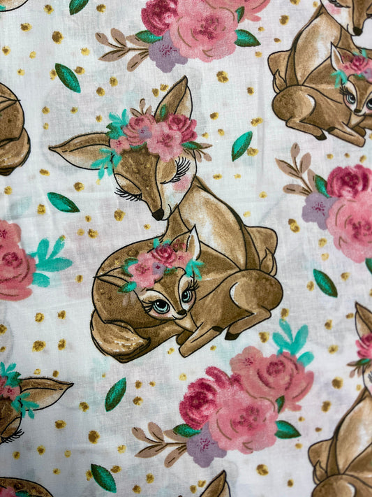 100% Cotton fabric - fawns in flowers 125 g/m²