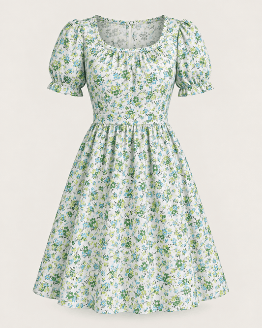 Image of 100% cotton fabric with delicate green flowers – available online at Charlotte's Fabrics