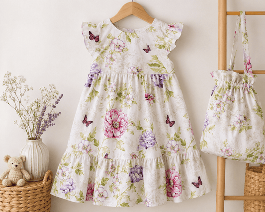 Image of 100% cotton fabric with flowers and butterfly, 125 g/m² – available at Šarlotes audumi