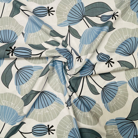 100% Cotton fabric - blue floral pattern on light gray 125 g/m