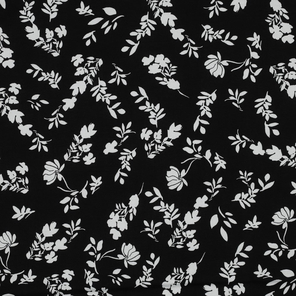 100 % tissu en viscose - fleurs blanches sur fond noir 110 g/m²