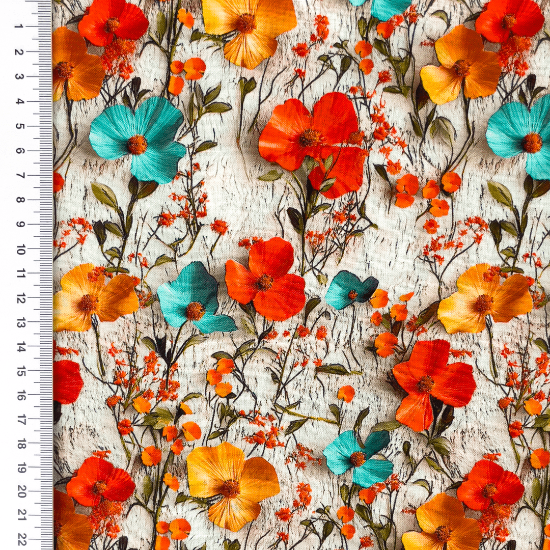 100% viscose fabric - orange and turquoise flowers 110 g/m²