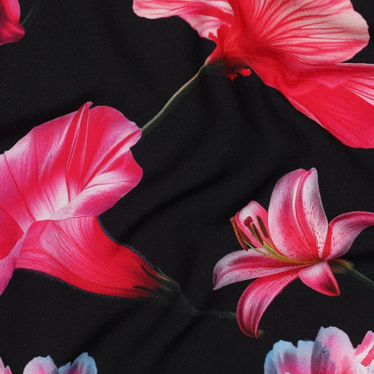 100% viscose fabric - pink flowers on a black background 110 g/m²