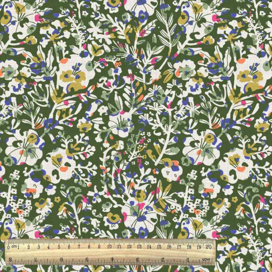 100% viscose fabric - green floral pattern 125 g/m²