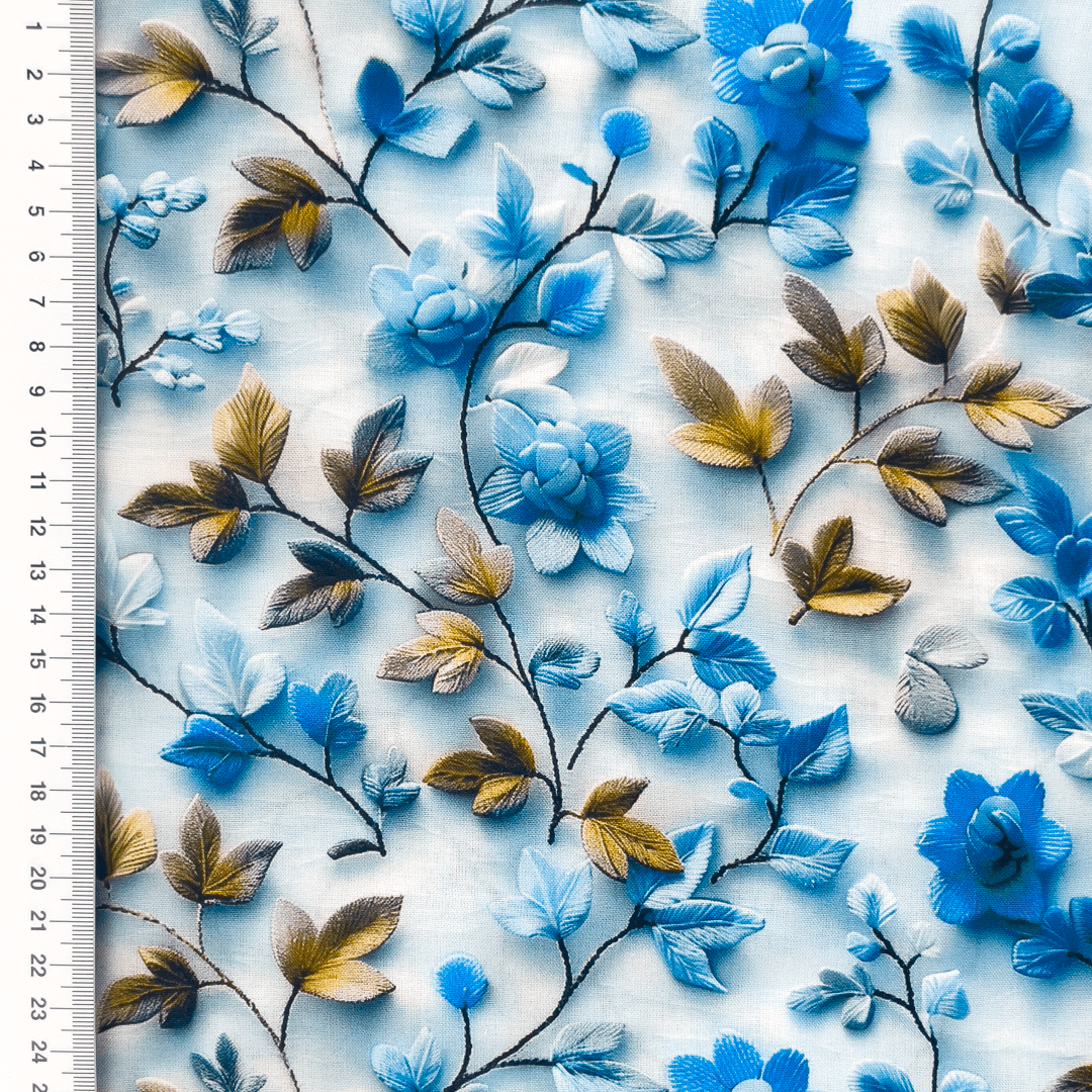 100% Viscose fabric - blue floral and leaf motif 110 g/m²