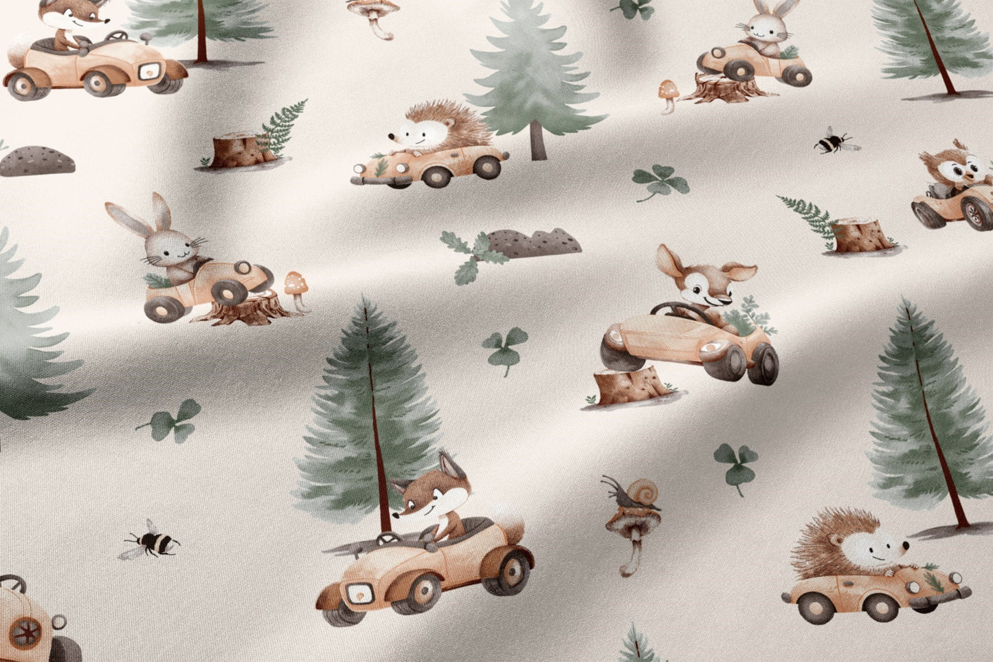 100 % Baumwollstoff – Waldtiere und Autos 125 g/m²