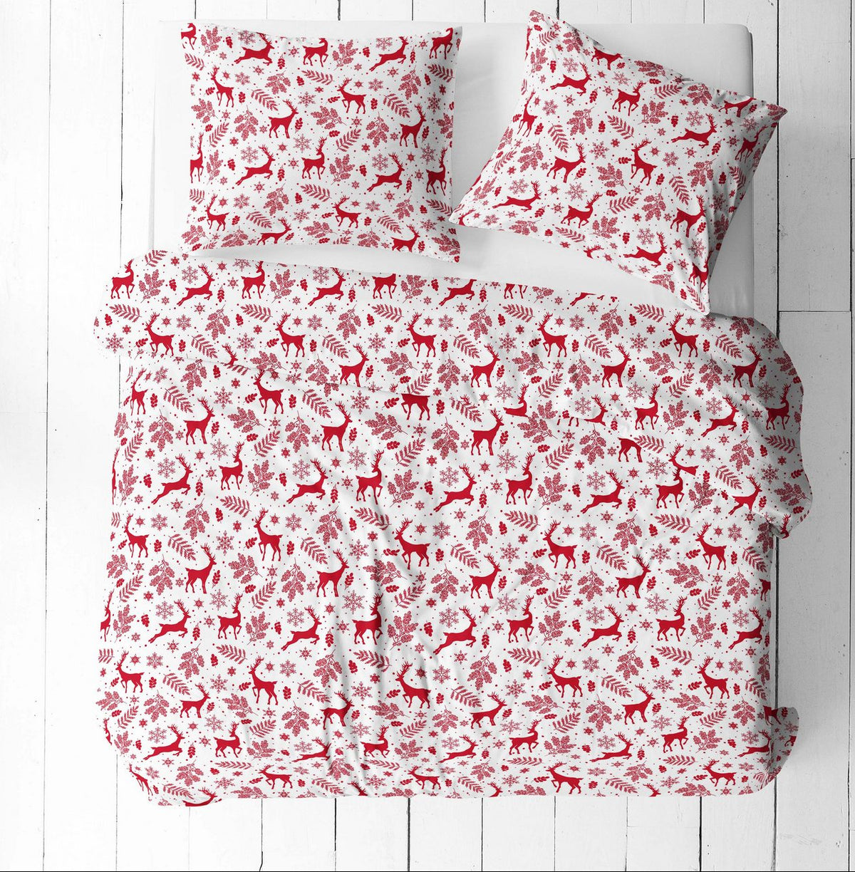 100% Cotton Fabric - Red Reindeer on a White Background