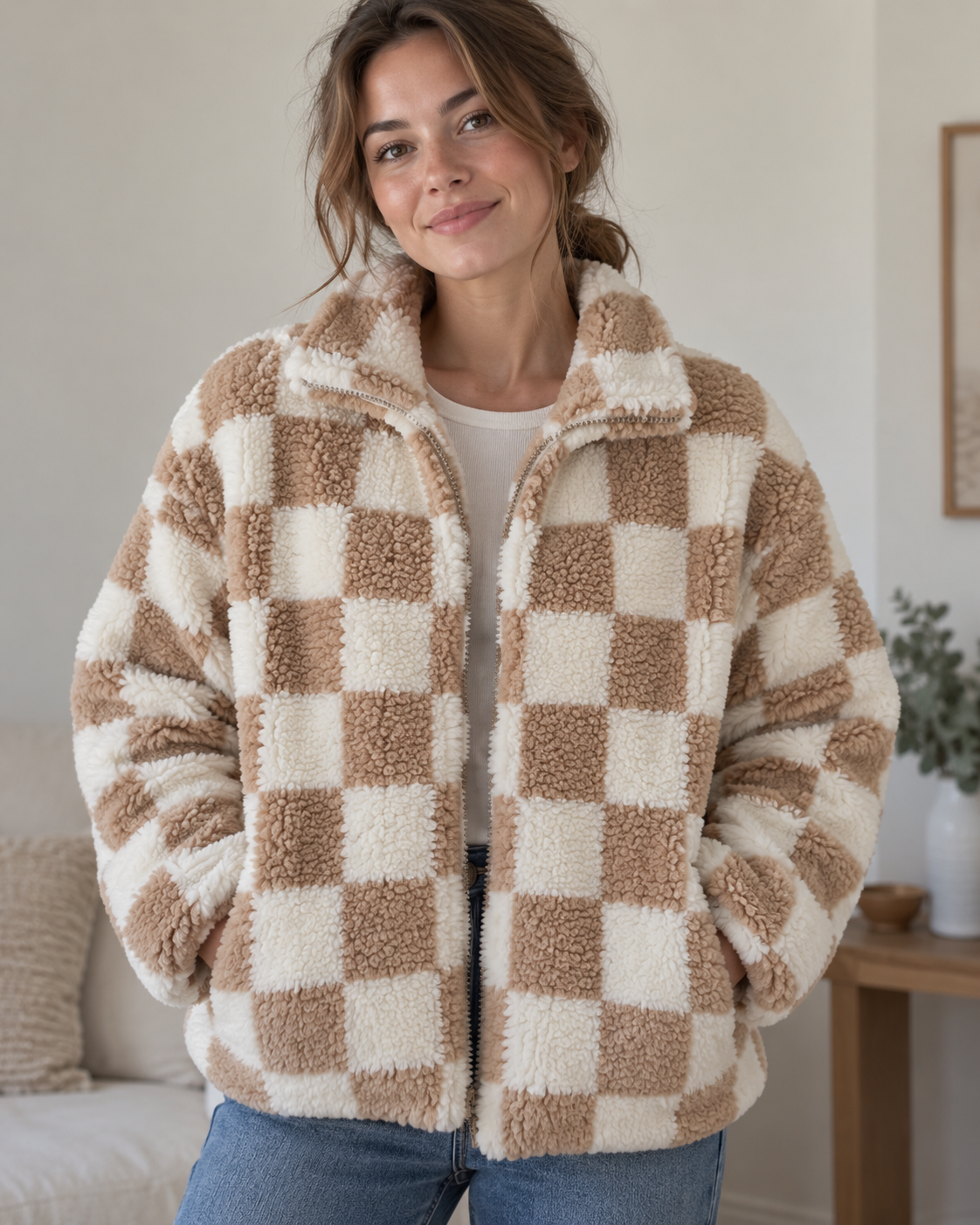 Teddy Fleece Beige Checks