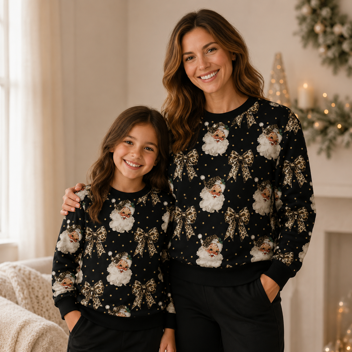 Cotton loop-knit with insulation - Santa Claus and bows