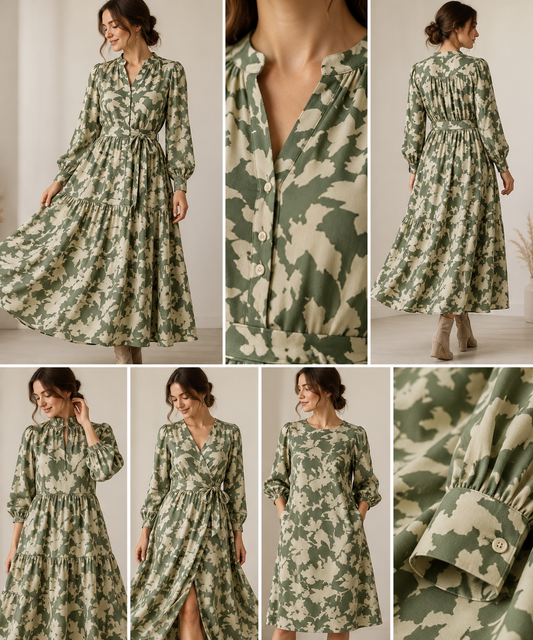 100% viscose fabric – green-tone pattern