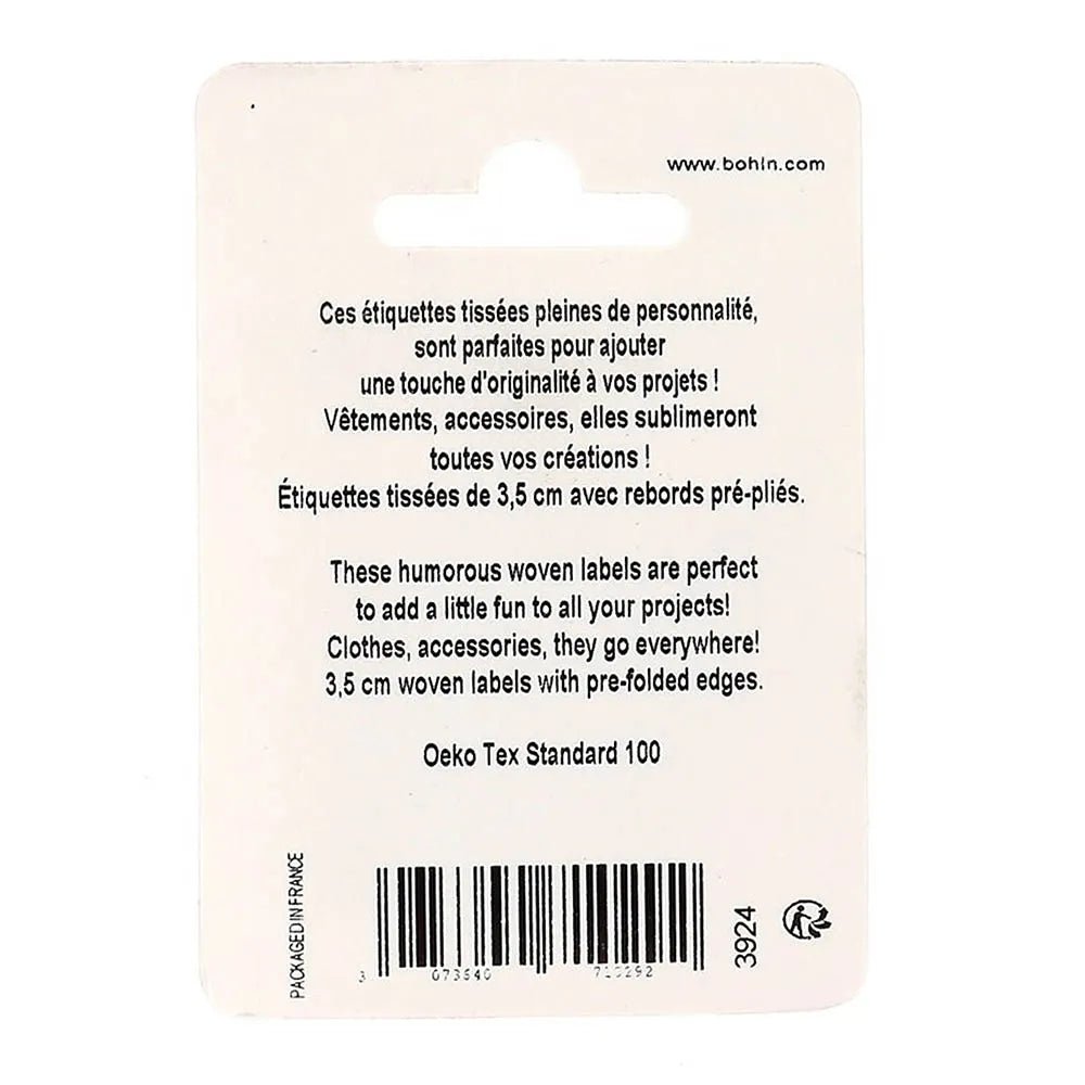 Image of Bohin sew-in clothing labels “Who Run The Word” – 35 × 35 mm, 4 pcs – available online at Šarlotes audumi