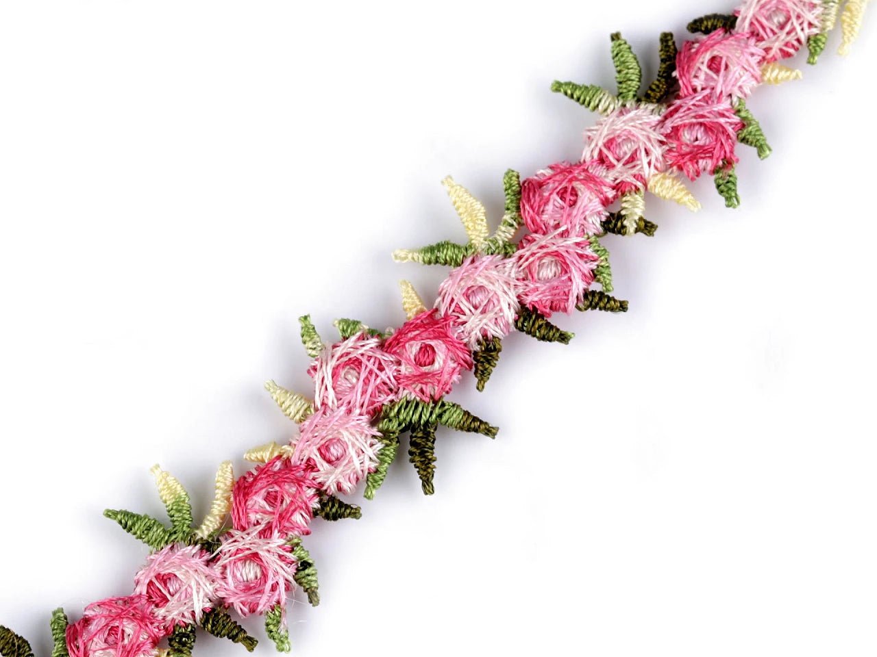 Image of embroidered decorative ribbon with 3D flowers – 20 mm – available at Šarlotes audumi