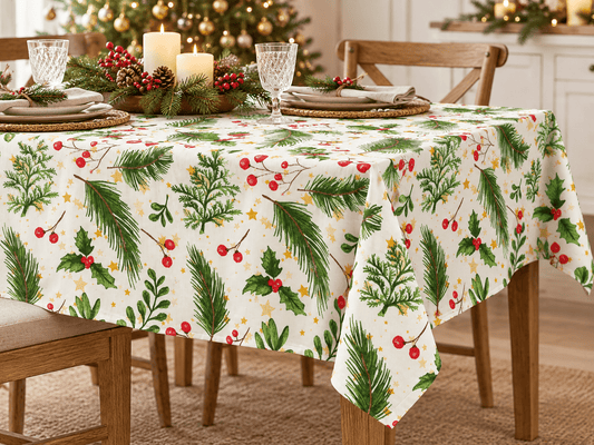 Image of canvas fabric – cranberries and spruce branches – available online at Šarlotes audumi