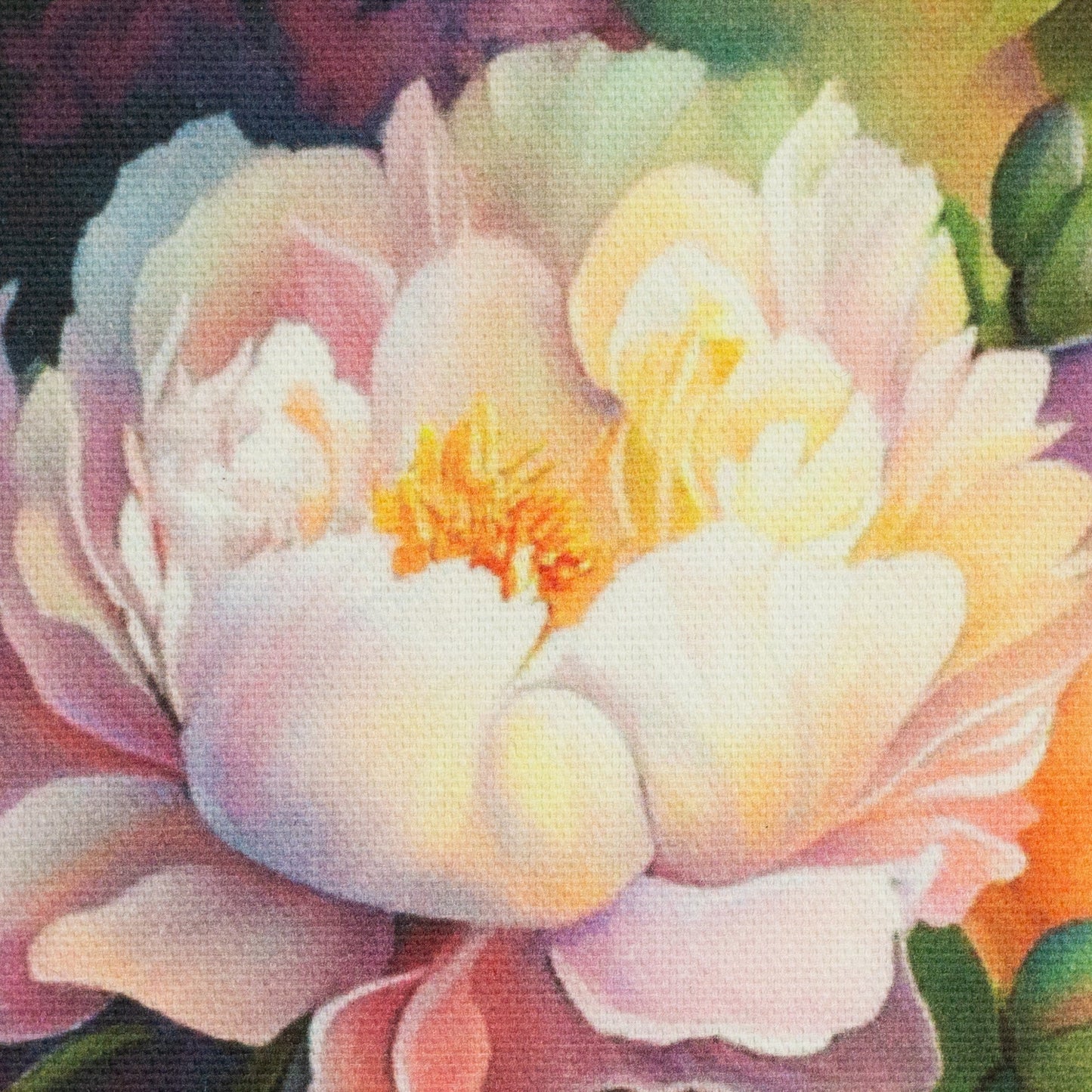 Canvas fabric with peonies, 250 g/m² – available at Šarlotes audumi