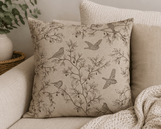 Image with canvas fabric birds with leaves 205 g/m² – available at Šarlotes audumi