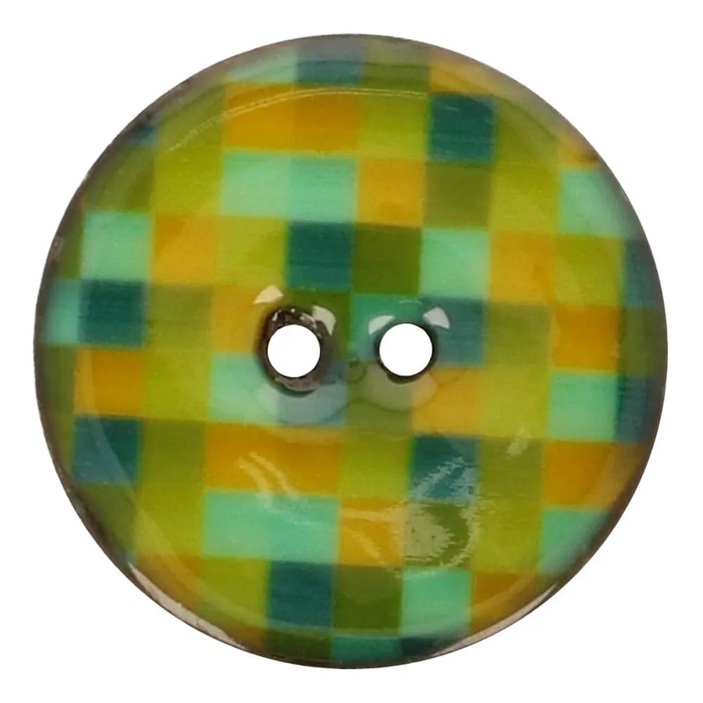 Image of 20 mm coconut buttons - green and yellow squares – available at Šarlotes audumi