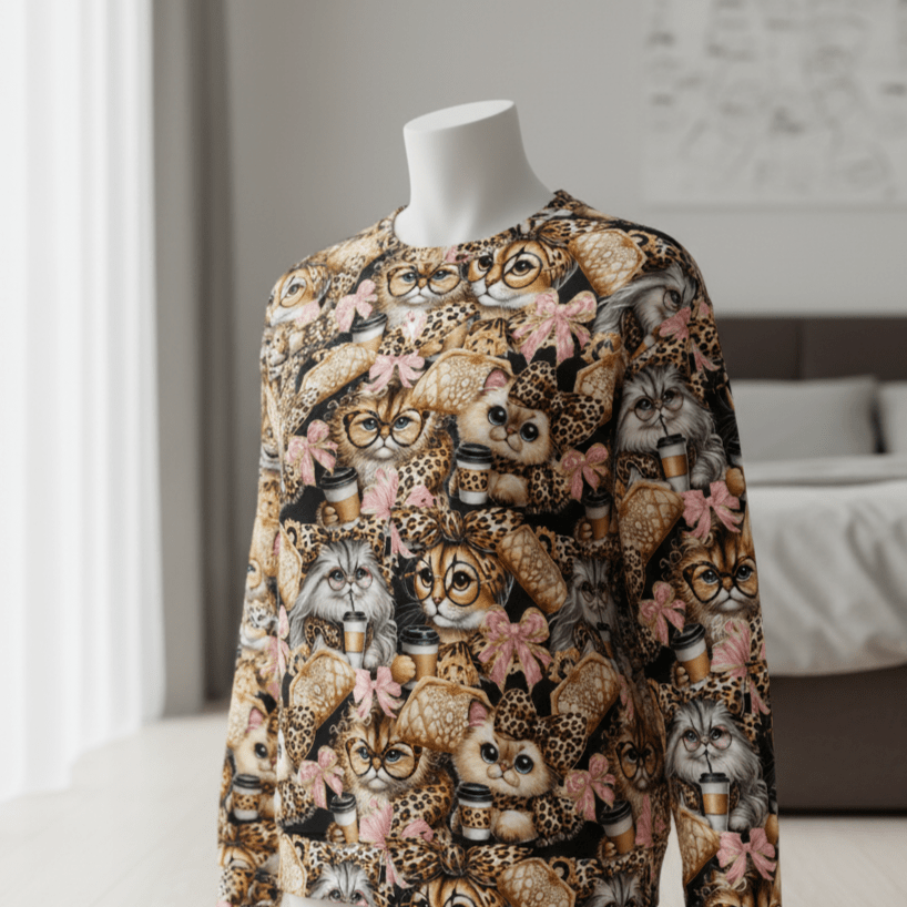 Image de jersey bouclette en coton doublé chaud - chats tendance 250 g/m² – disponible chez Šarlotes audumi
