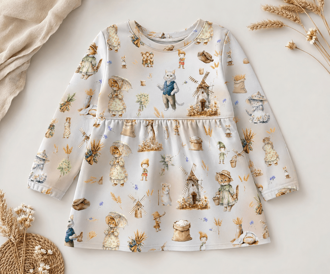 Image avec jersey bouclé en coton - Là où tournent les moulins et ronronne le chat 250 g/m² – disponible chez Šarlotes audumi
