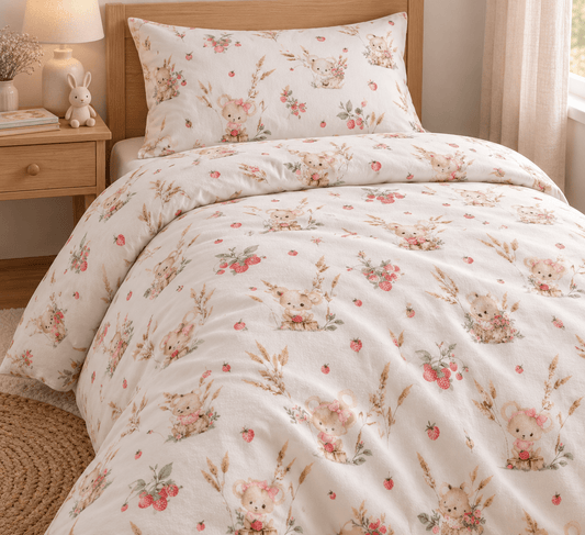 Cotton flannel with little mice and wild strawberries – 100% cotton – available online at Šarlotes audumi