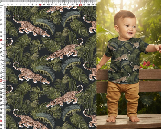 Image de jersey de coton - feuilles et léopards 220 g/m² – disponible chez Tissus de Charlotte