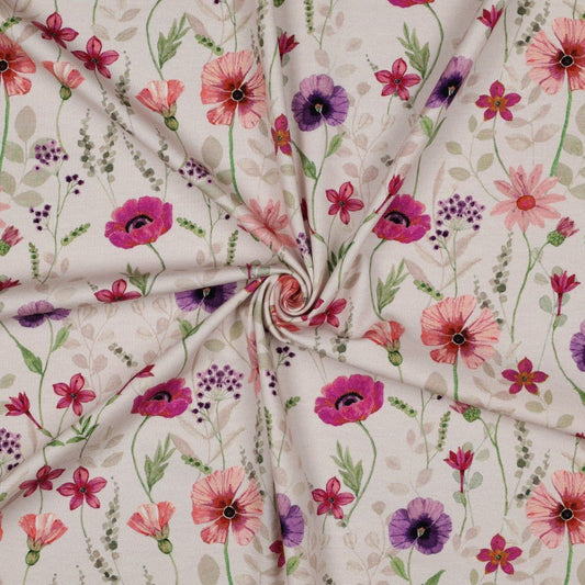 Cotton knit - meadow on a beige background 200 g/m²