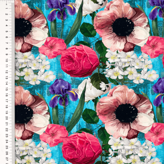 Cotton jersey - roses and irises 200 g/m²