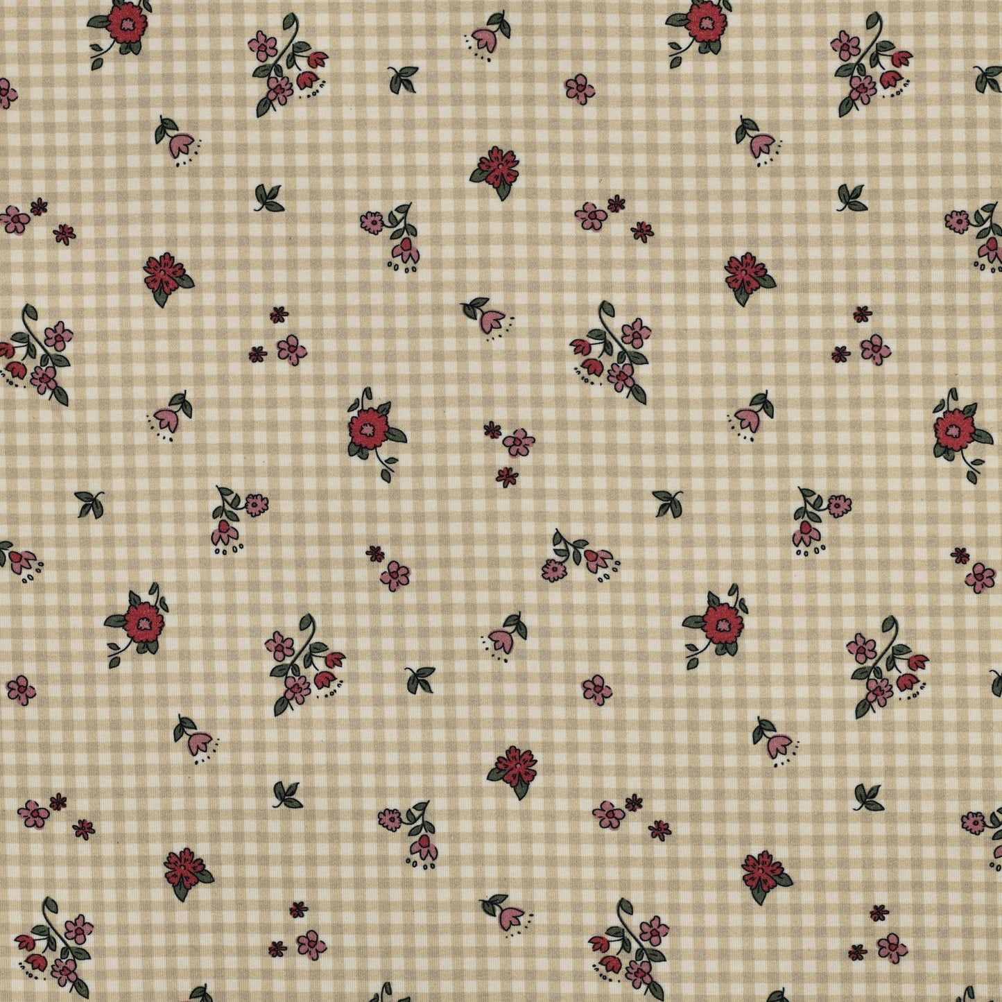 Image of cotton knit fabric - delicate flowers on a checked background 220 g/m² (GOTS certified) – available at Šarlotes audumi