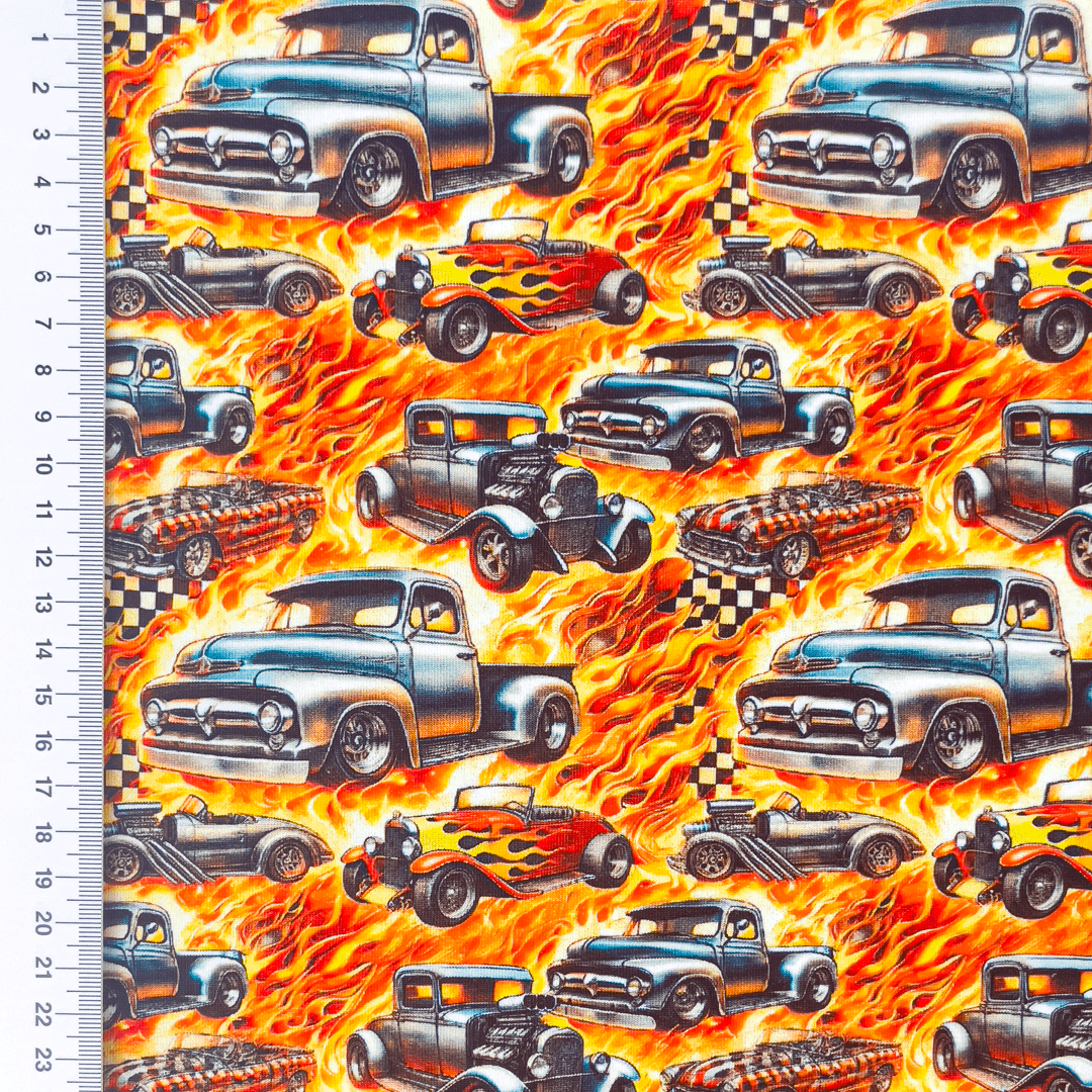 Cotton jersey - fiery cars 200 g/m²