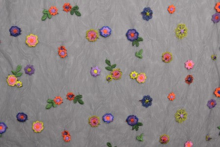 Embroidered tulle fabric with flowers, black tone 70 g/m²