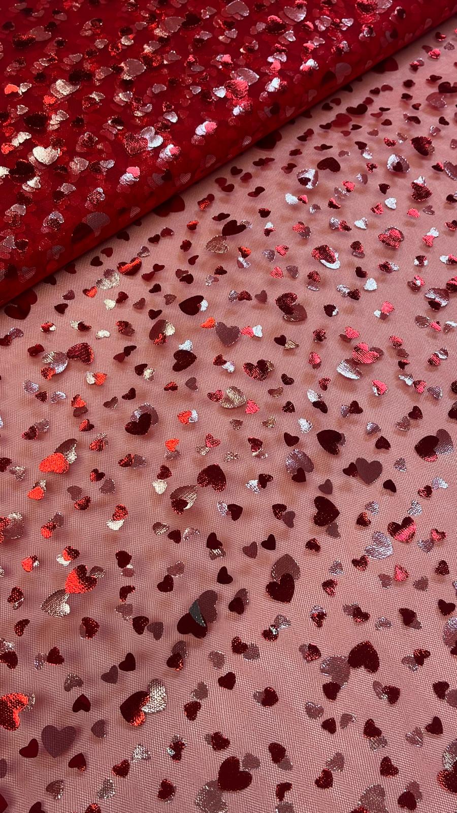 Image of soft tulle with red hearts – available online Šarlotes audumi