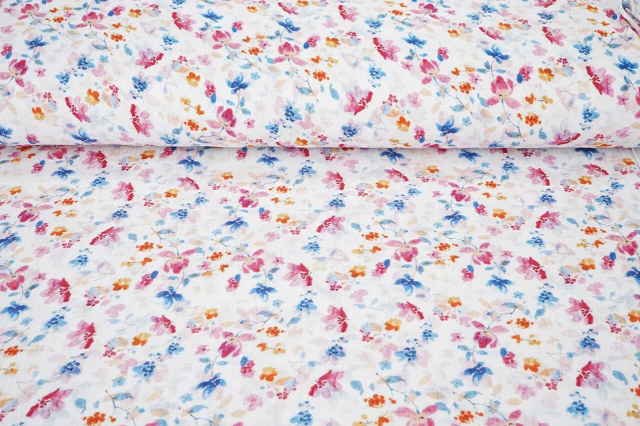 Image de fleurs bleues et roses en mousseline — disponible en ligne chez Šarlotes audumi