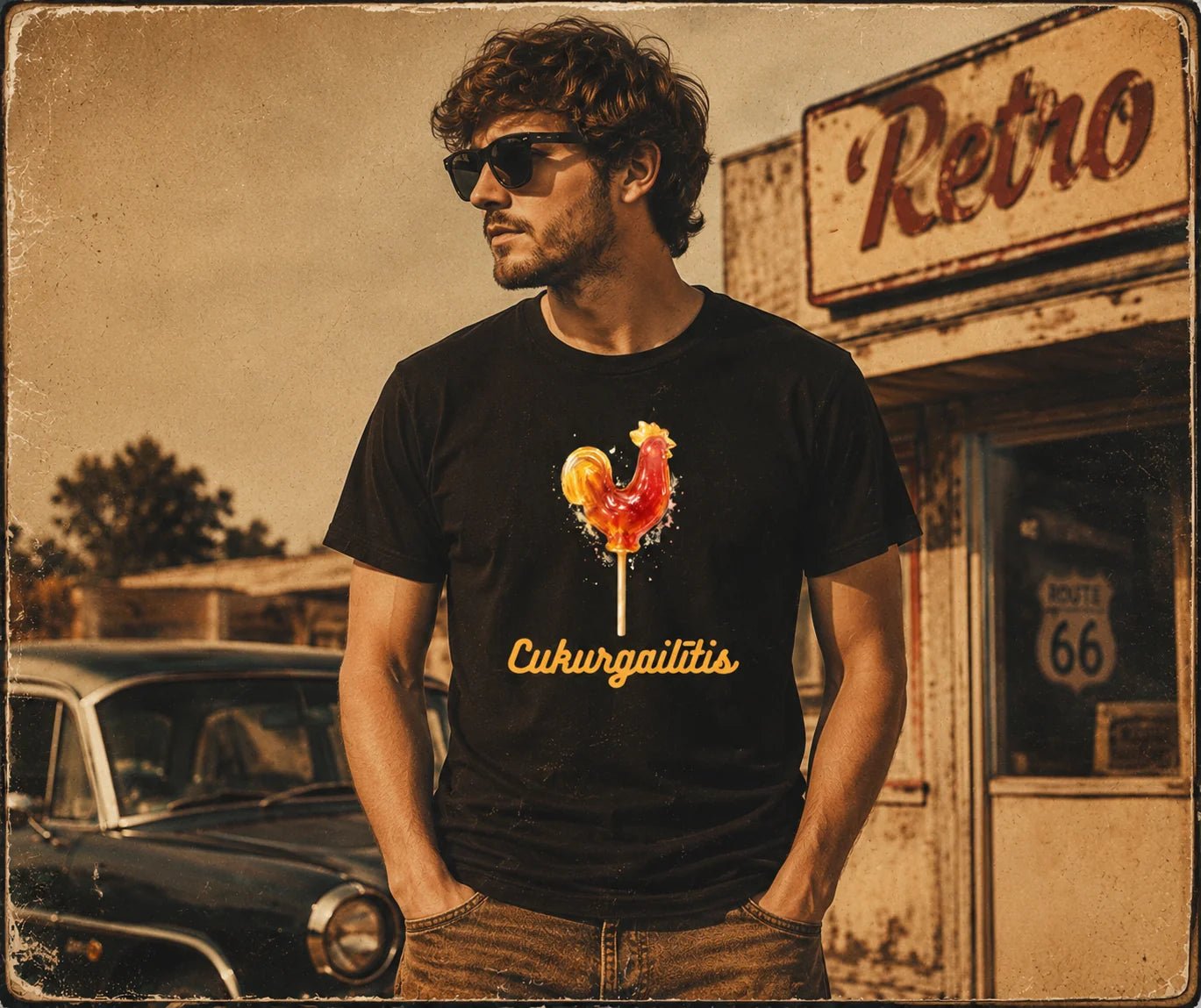 Image of an organic cotton T-shirt "Cukurgailītis" – available at Šarlotes audumi