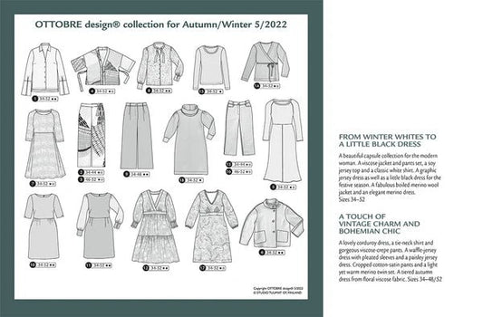 Attēls ar OTTOBRE design Woman 5/2022 – sieviešu apģērbu piegrieztņu žurnāls angļu valodā – pieejams internetā Šarlotes audumi
