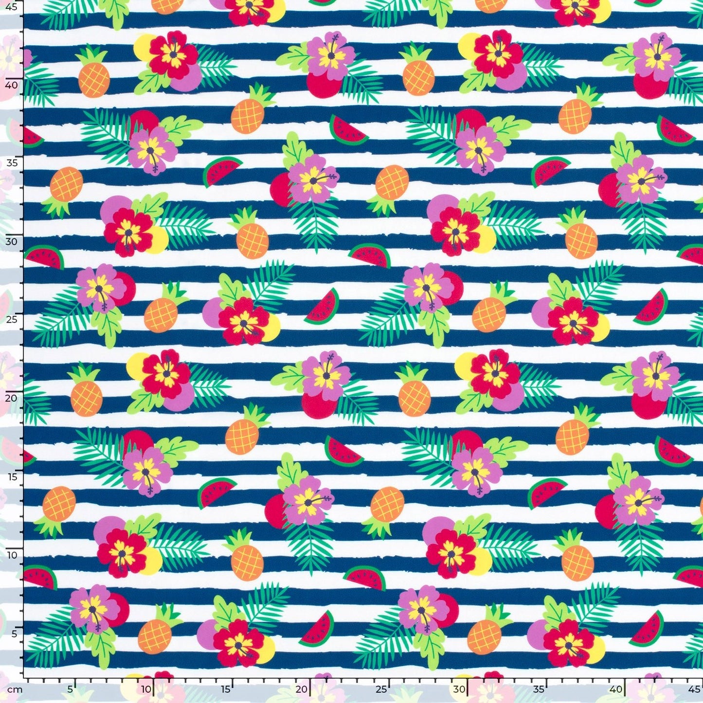 Image of swimwear lycra fabric with UPF50 protection – tropical motif in stripes 200 g/m² – available at Šarlotes audumi