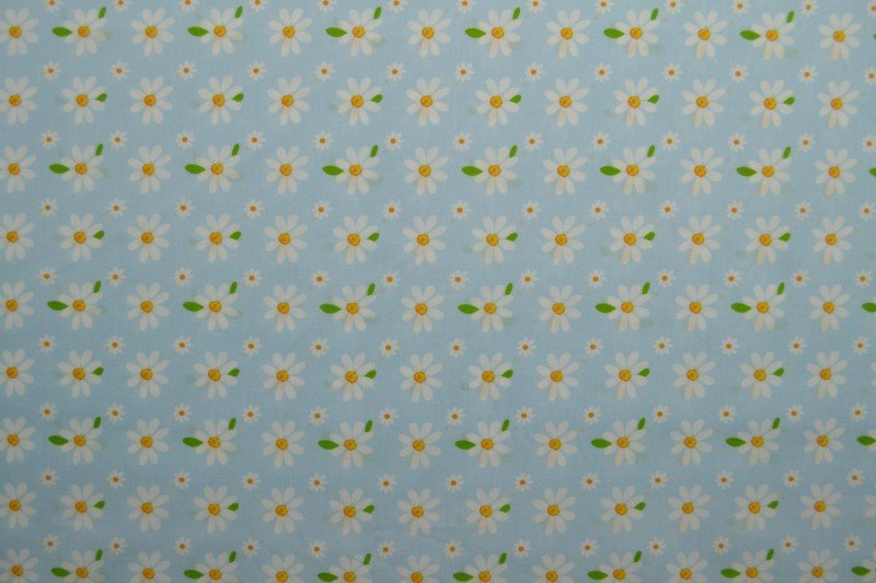 Image of poplin daisies on blue – available online at Šarlotes audumi